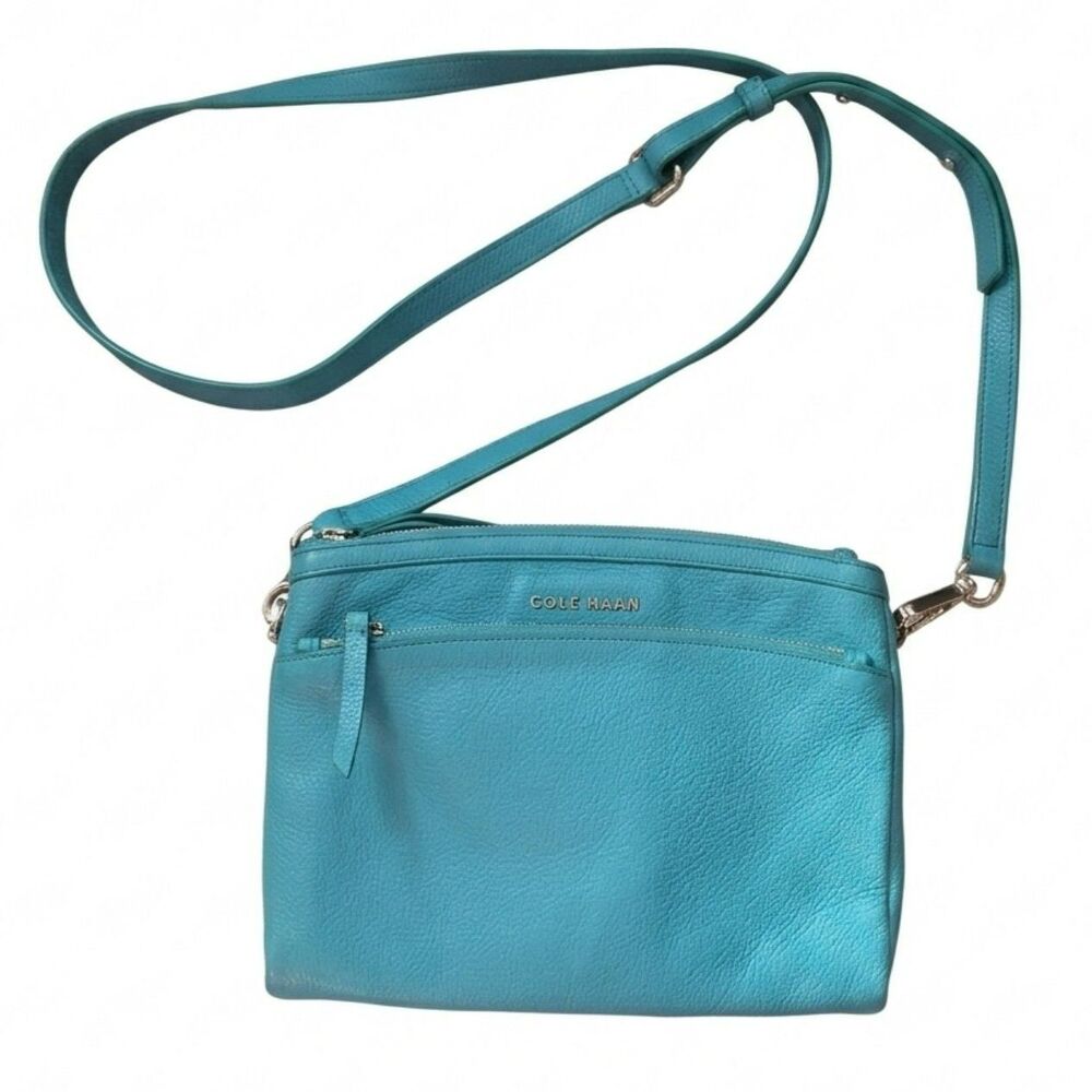 Cole Haan Turquoise Pebbled Leather Double Zip Crossbody Bag